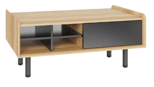 rectangular oak coffe table with black shelves, black door and black legs