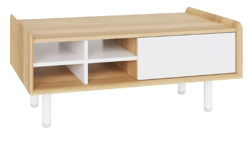 rectangular oak coffee table with white shelves, white door and white legs 