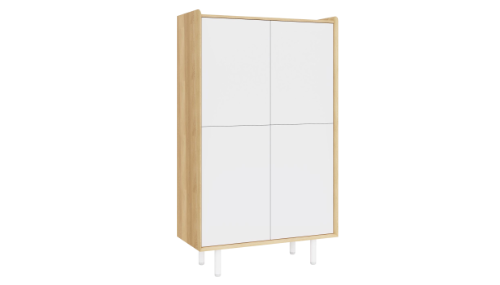 Tall cabinet with oak panels and white doors and feet