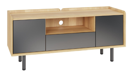 TV unit with oak panels and anthracite doors, drawer and feet